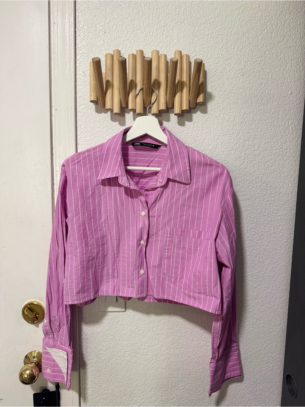 Zara Pink & White Striped Cropped Button-Down Shirt
